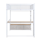 Full Size Metal Gaming Loft Bed with LED, Desk, Open Wardrobe and 3 Linen Storage Drawers, No Box Spring Needed for Kids, Teens