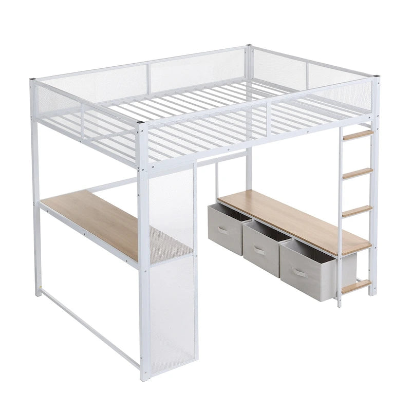 Full Size Metal Gaming Loft Bed with LED, Desk, Open Wardrobe and 3 Linen Storage Drawers, No Box Spring Needed for Kids, Teens