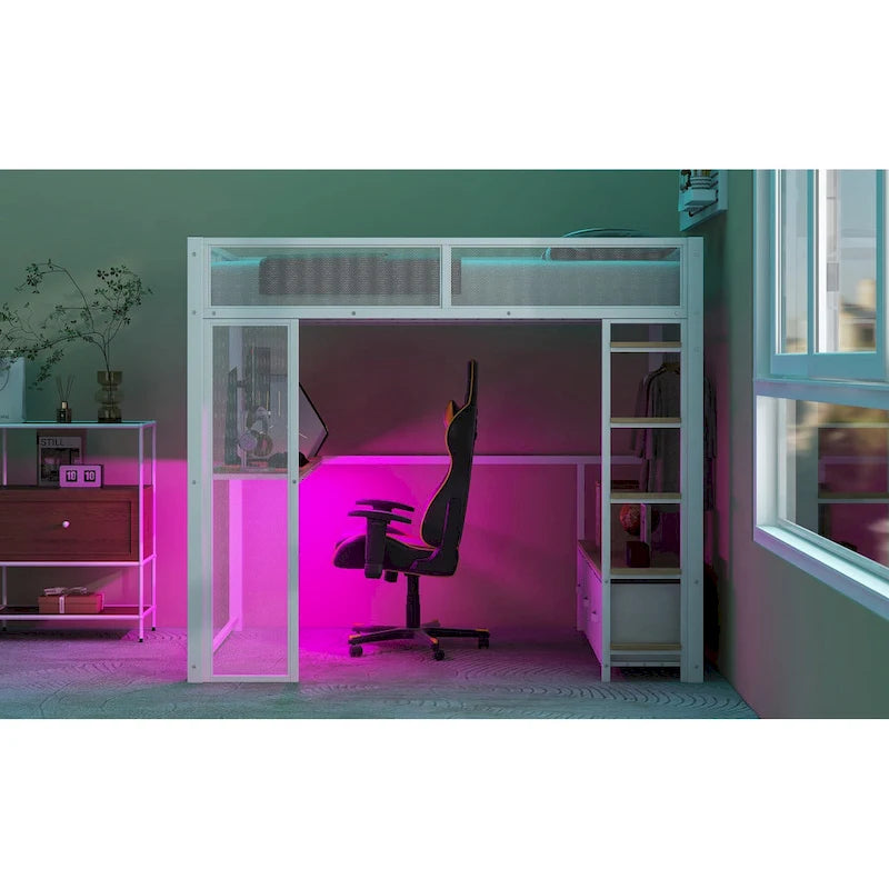 Full Size Metal Gaming Loft Bed with LED, Desk, Open Wardrobe and 3 Linen Storage Drawers, No Box Spring Needed for Kids, Teens
