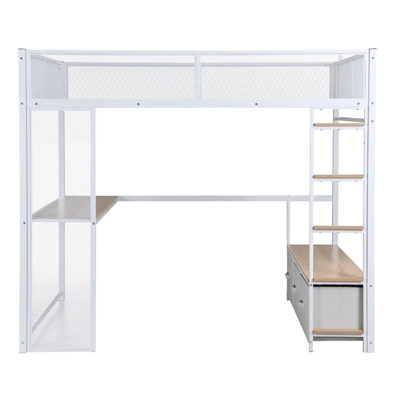 Full Size Metal Gaming Loft Bed with LED, Desk, Open Wardrobe and 3 Linen Storage Drawers, No Box Spring Needed for Kids, Teens