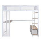 Full Size Metal Gaming Loft Bed with LED, Desk, Open Wardrobe and 3 Linen Storage Drawers, No Box Spring Needed for Kids, Teens