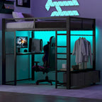 Full Size Metal Gaming Loft Bed with LED, Desk, Open Wardrobe and 3 Linen Storage Drawers, No Box Spring Needed for Kids, Teens