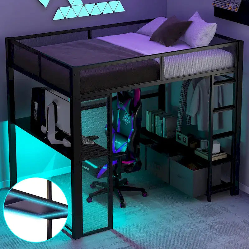Full Size Metal Gaming Loft Bed with LED, Desk, Open Wardrobe and 3 Linen Storage Drawers, No Box Spring Needed for Kids, Teens