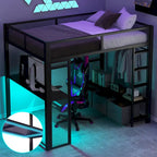 Full Size Metal Gaming Loft Bed with LED, Desk, Open Wardrobe and 3 Linen Storage Drawers, No Box Spring Needed for Kids, Teens