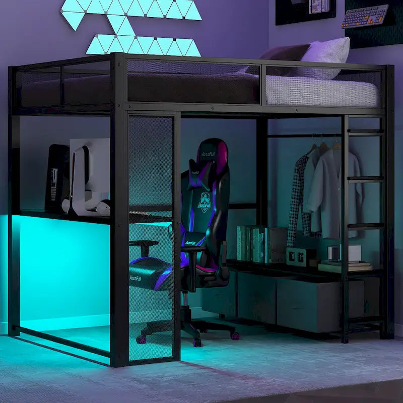 Full Size Metal Gaming Loft Bed with LED, Desk, Open Wardrobe and 3 Linen Storage Drawers, No Box Spring Needed for Kids, Teens