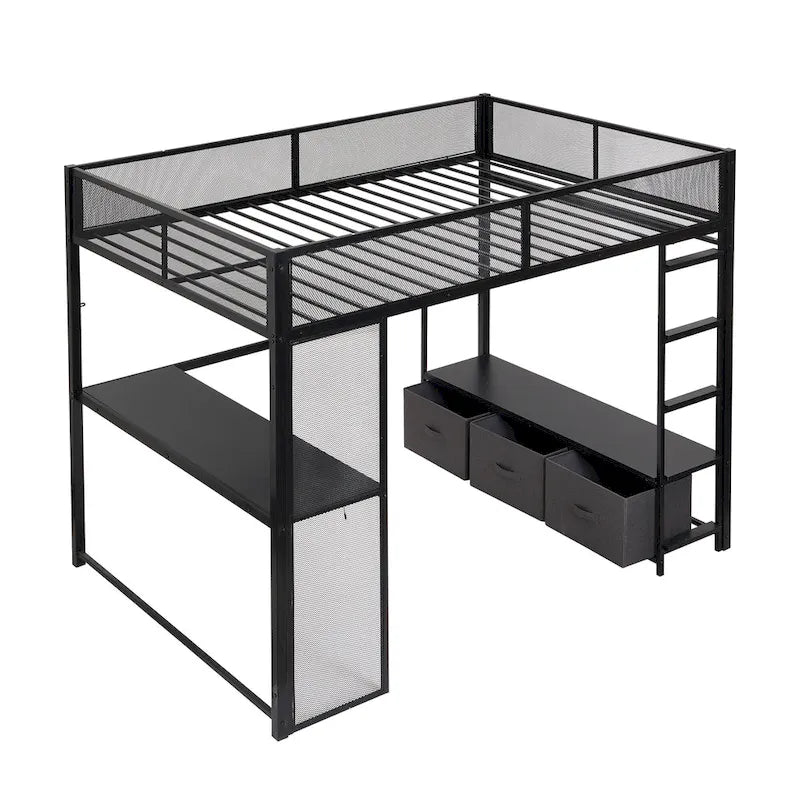 Full Size Metal Gaming Loft Bed with LED, Desk, Open Wardrobe and 3 Linen Storage Drawers, No Box Spring Needed for Kids, Teens