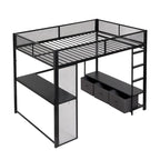 Full Size Metal Gaming Loft Bed with LED, Desk, Open Wardrobe and 3 Linen Storage Drawers, No Box Spring Needed for Kids, Teens