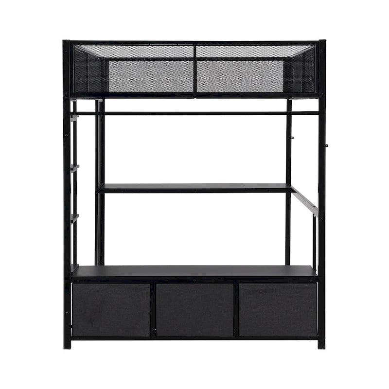 Full Size Metal Gaming Loft Bed with LED, Desk, Open Wardrobe and 3 Linen Storage Drawers, No Box Spring Needed for Kids, Teens