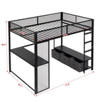 Full Size Metal Gaming Loft Bed with LED, Desk, Open Wardrobe and 3 Linen Storage Drawers, No Box Spring Needed for Kids, Teens