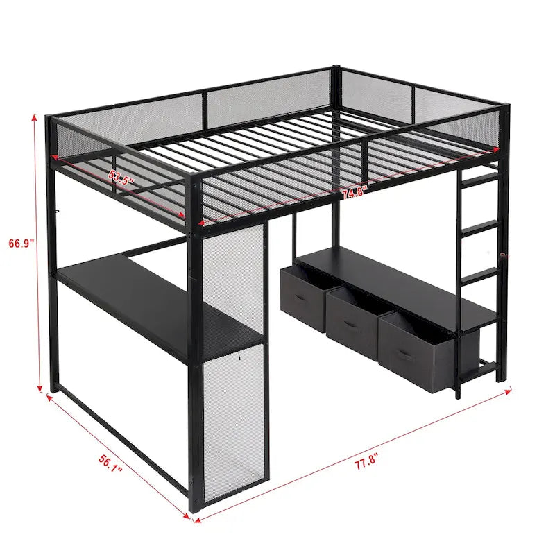 Full Size Metal Gaming Loft Bed with LED, Desk, Open Wardrobe and 3 Linen Storage Drawers, No Box Spring Needed for Kids, Teens