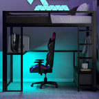 Full Size Metal Gaming Loft Bed with LED, Desk, Open Wardrobe and 3 Linen Storage Drawers, No Box Spring Needed for Kids, Teens