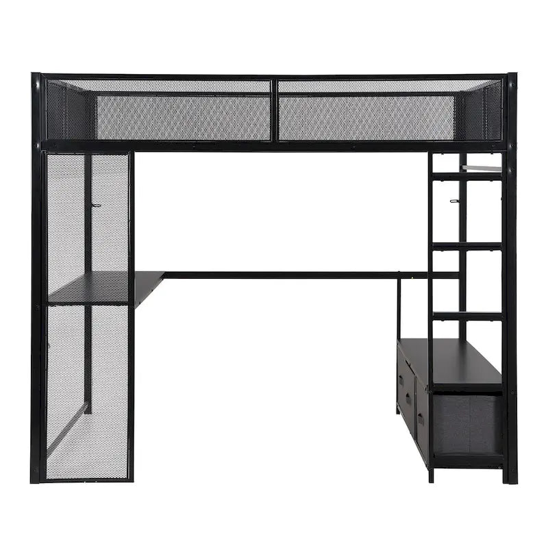 Full Size Metal Gaming Loft Bed with LED, Desk, Open Wardrobe and 3 Linen Storage Drawers, No Box Spring Needed for Kids, Teens