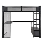 Full Size Metal Gaming Loft Bed with LED, Desk, Open Wardrobe and 3 Linen Storage Drawers, No Box Spring Needed for Kids, Teens