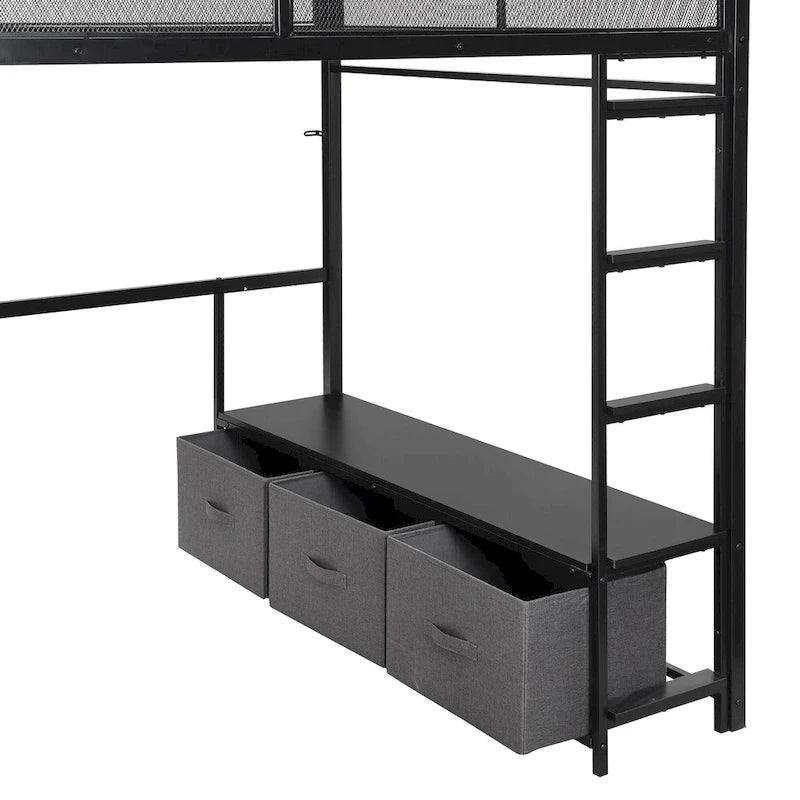 Full Size Metal Gaming Loft Bed with LED, Desk, Open Wardrobe and 3 Linen Storage Drawers, No Box Spring Needed for Kids, Teens