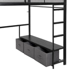 Full Size Metal Gaming Loft Bed with LED, Desk, Open Wardrobe and 3 Linen Storage Drawers, No Box Spring Needed for Kids, Teens