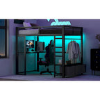Full Size Metal Gaming Loft Bed with LED, Desk, Open Wardrobe and 3 Linen Storage Drawers, No Box Spring Needed for Kids, Teens