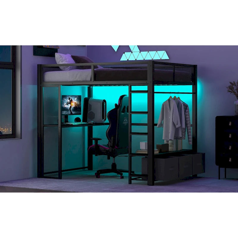 Full Size Metal Gaming Loft Bed with LED, Desk, Open Wardrobe and 3 Linen Storage Drawers, No Box Spring Needed for Kids, Teens