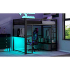 Full Size Metal Gaming Loft Bed with LED, Desk, Open Wardrobe and 3 Linen Storage Drawers, No Box Spring Needed for Kids, Teens