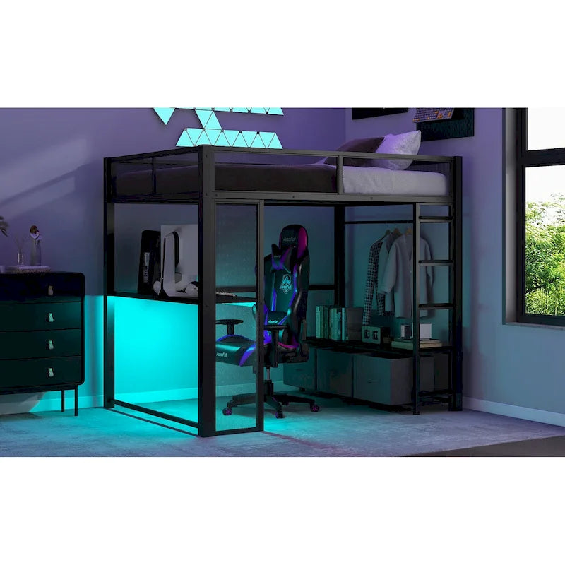 Full Size Metal Gaming Loft Bed with LED, Desk, Open Wardrobe and 3 Linen Storage Drawers, No Box Spring Needed for Kids, Teens