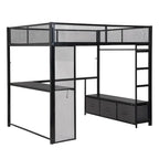Full Size Metal Gaming Loft Bed with LED, Desk, Open Wardrobe and 3 Linen Storage Drawers, No Box Spring Needed for Kids, Teens