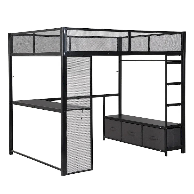Full Size Metal Gaming Loft Bed with LED, Desk, Open Wardrobe and 3 Linen Storage Drawers, No Box Spring Needed for Kids, Teens