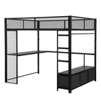 Full Size Metal Gaming Loft Bed with LED, Desk, Open Wardrobe and 3 Linen Storage Drawers, No Box Spring Needed for Kids, Teens