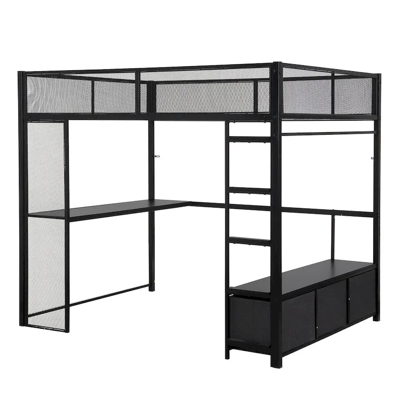 Full Size Metal Gaming Loft Bed with LED, Desk, Open Wardrobe and 3 Linen Storage Drawers, No Box Spring Needed for Kids, Teens