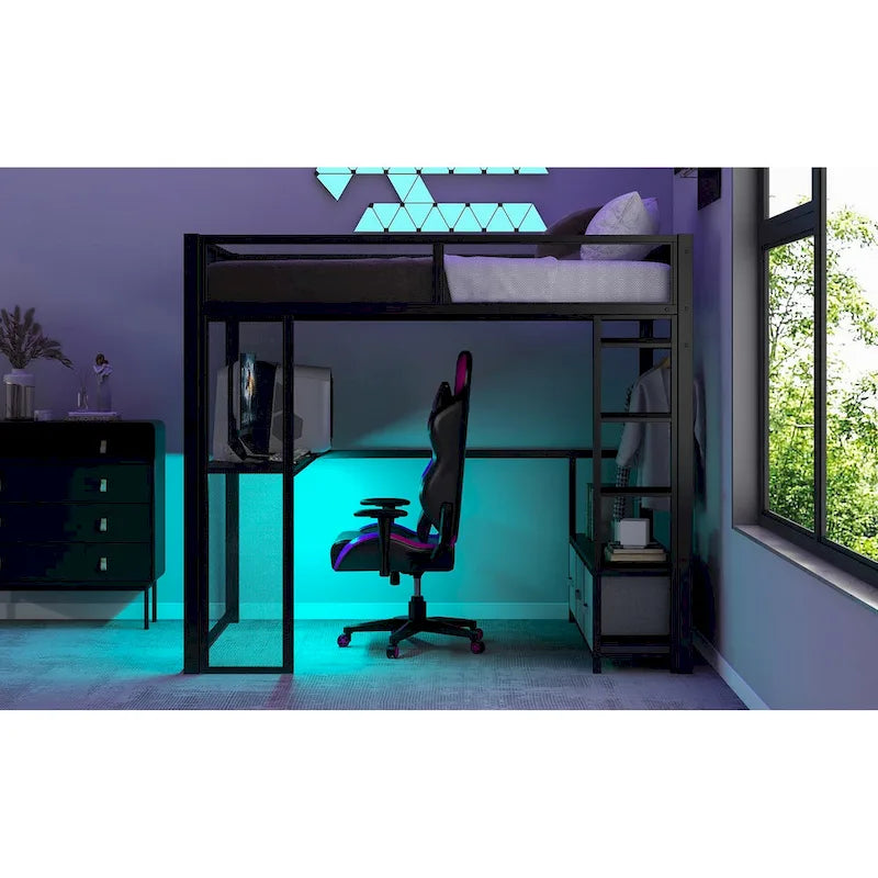 Full Size Metal Gaming Loft Bed with LED, Desk, Open Wardrobe and 3 Linen Storage Drawers, No Box Spring Needed for Kids, Teens