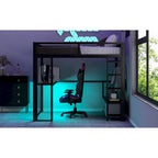 Full Size Metal Gaming Loft Bed with LED, Desk, Open Wardrobe and 3 Linen Storage Drawers, No Box Spring Needed for Kids, Teens