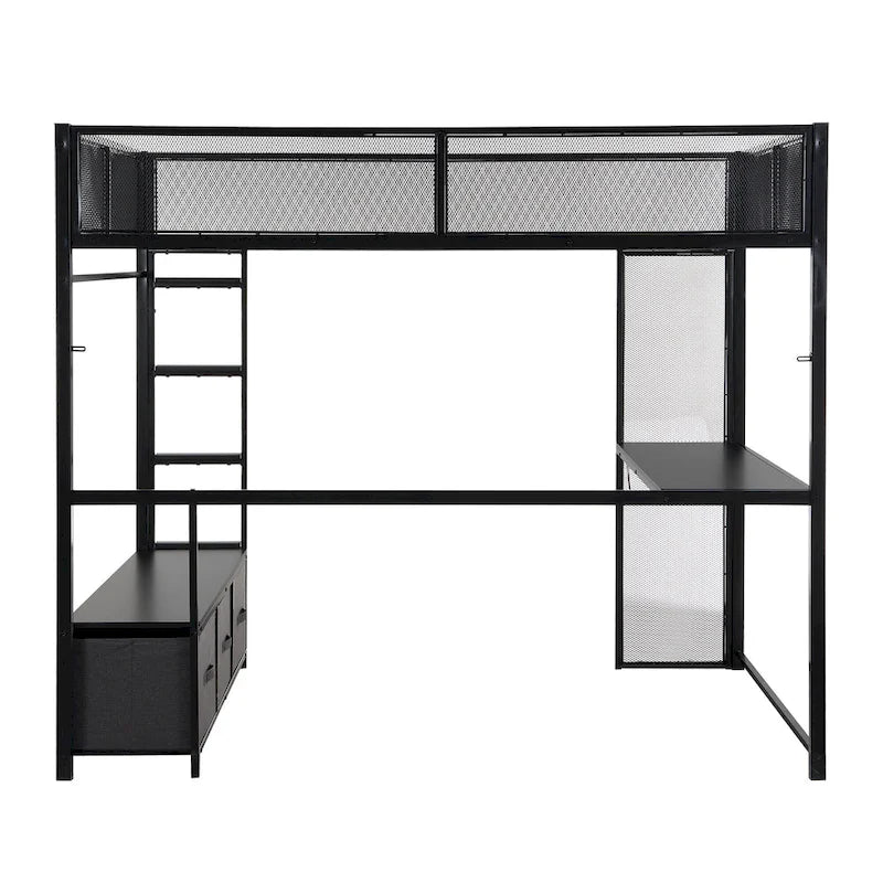 Full Size Metal Gaming Loft Bed with LED, Desk, Open Wardrobe and 3 Linen Storage Drawers, No Box Spring Needed for Kids, Teens