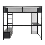Full Size Metal Gaming Loft Bed with LED, Desk, Open Wardrobe and 3 Linen Storage Drawers, No Box Spring Needed for Kids, Teens
