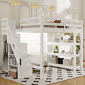 Wood Full Size Loft Bed with Shelves, Storage Staircase, Small Wardrobe and LED Light, Loft Bed Frame w/Slats Support