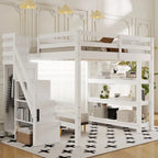 Wood Full Size Loft Bed with Shelves, Storage Staircase, Small Wardrobe and LED Light, Loft Bed Frame w/Slats Support