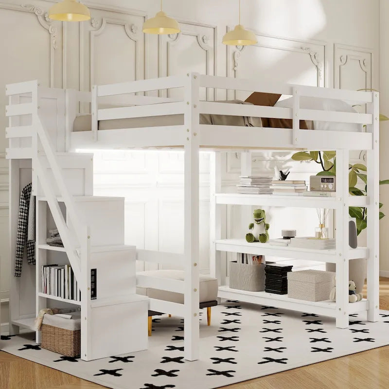 Wood Full Size Loft Bed with Shelves, Storage Staircase, Small Wardrobe and LED Light, Loft Bed Frame w/Slats Support