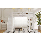 Wood Full Size Loft Bed with Shelves, Storage Staircase, Small Wardrobe and LED Light, Loft Bed Frame w/Slats Support