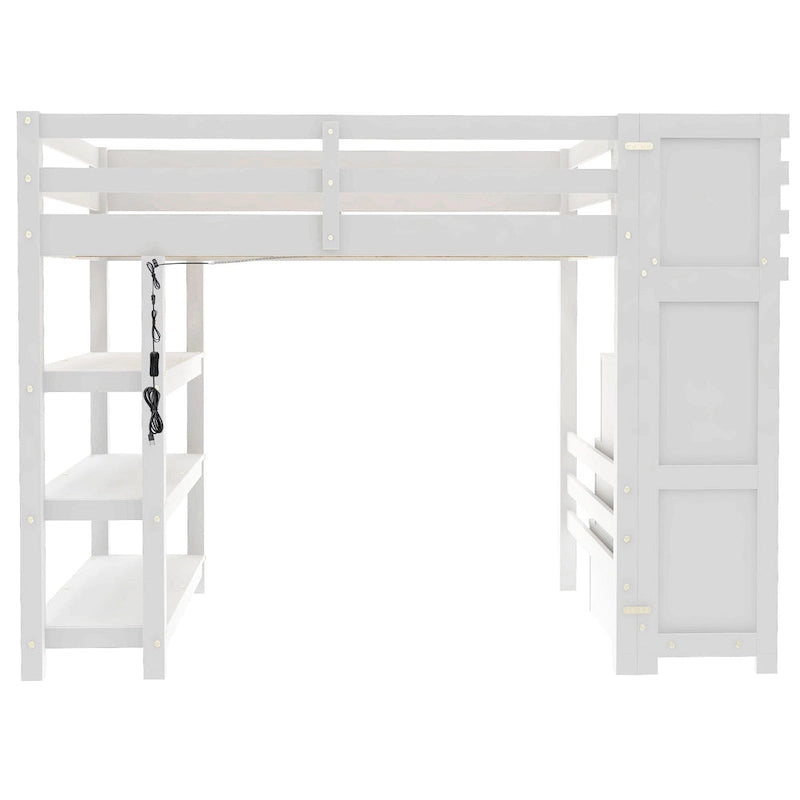 Wood Full Size Loft Bed with Shelves, Storage Staircase, Small Wardrobe and LED Light, Loft Bed Frame w/Slats Support