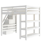 Wood Full Size Loft Bed with Shelves, Storage Staircase, Small Wardrobe and LED Light, Loft Bed Frame w/Slats Support