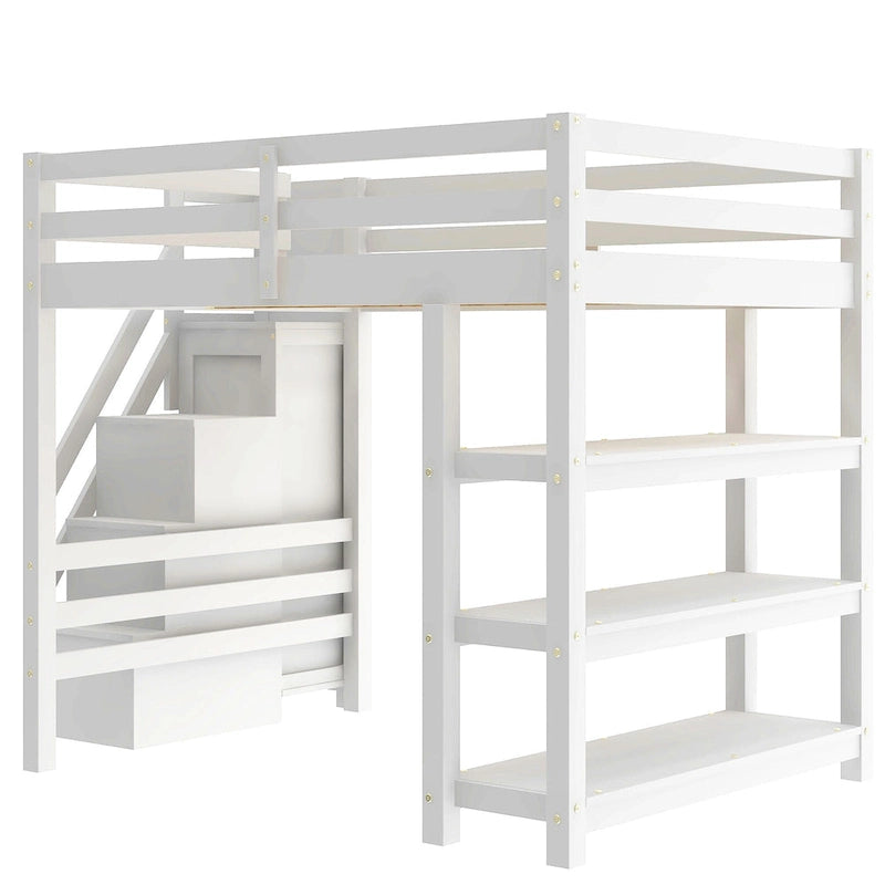 Wood Full Size Loft Bed with Shelves, Storage Staircase, Small Wardrobe and LED Light, Loft Bed Frame w/Slats Support
