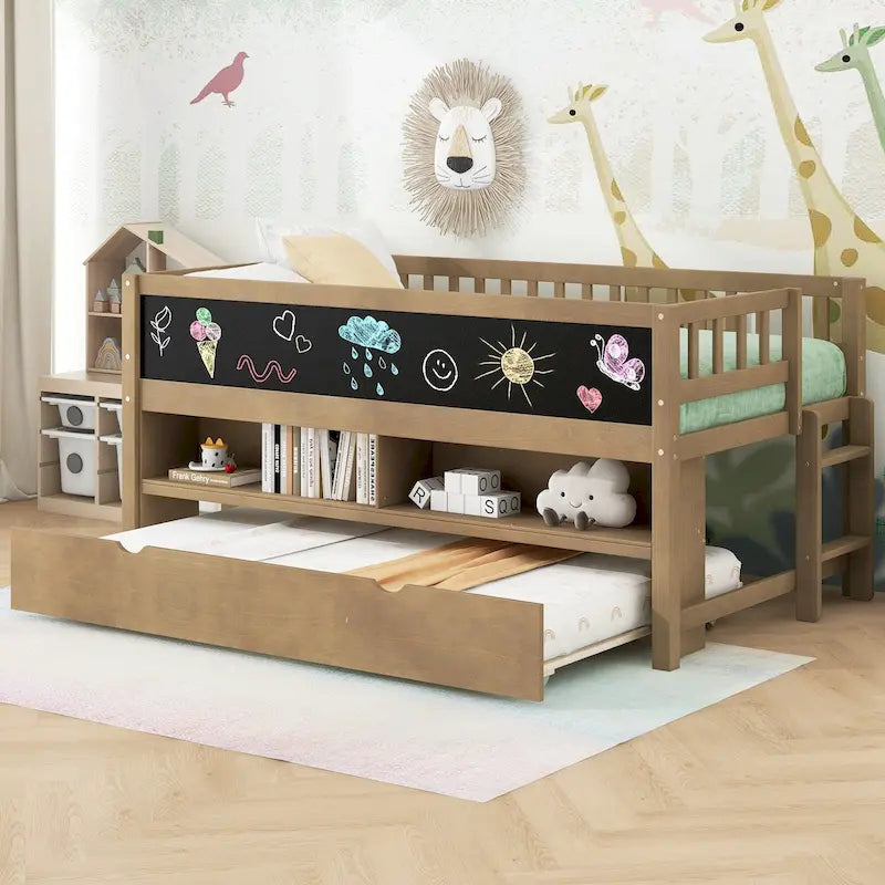 Twin Size Low Loft Bed with Trundle, Solid Wood Bed Frame with Storage Shelves & Blackboard, Space-Saving Design for Small Rooms