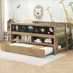 Twin Size Low Loft Bed with Trundle, Solid Wood Bed Frame with Storage Shelves & Blackboard, Space-Saving Design for Small Rooms