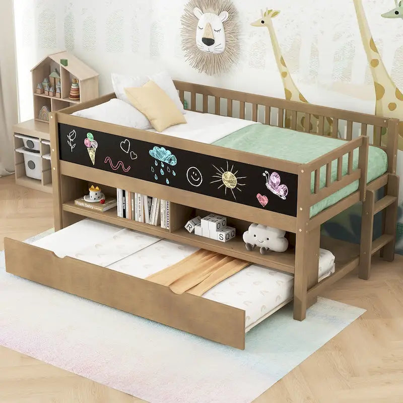 Twin Size Low Loft Bed with Trundle, Solid Wood Bed Frame with Storage Shelves & Blackboard, Space-Saving Design for Small Rooms