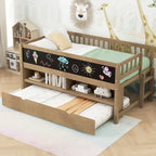 Twin Size Low Loft Bed with Trundle, Solid Wood Bed Frame with Storage Shelves & Blackboard, Space-Saving Design for Small Rooms