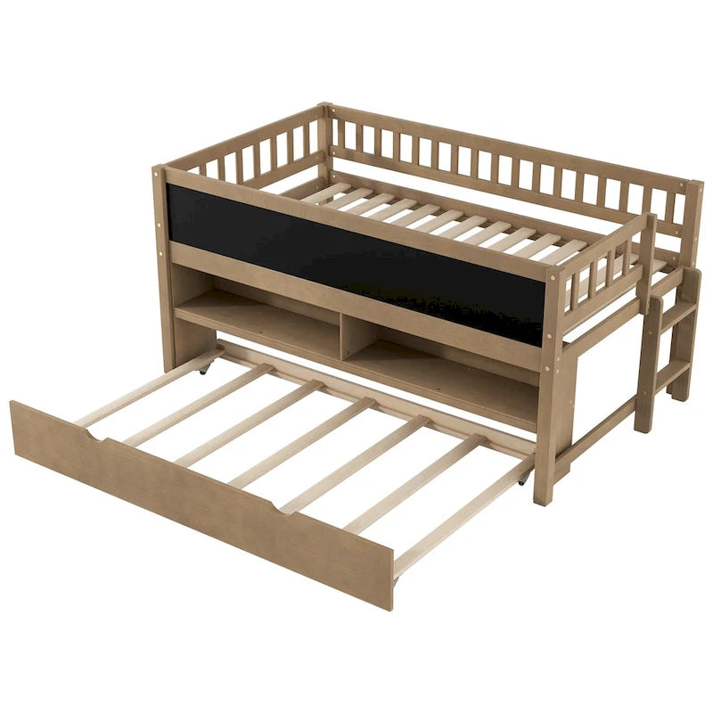 Twin Size Low Loft Bed with Trundle, Solid Wood Bed Frame with Storage Shelves & Blackboard, Space-Saving Design for Small Rooms