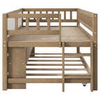 Twin Size Low Loft Bed with Trundle, Solid Wood Bed Frame with Storage Shelves & Blackboard, Space-Saving Design for Small Rooms