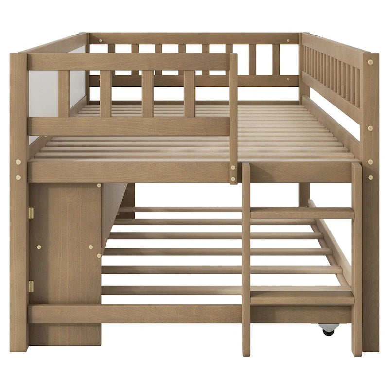 Twin Size Low Loft Bed with Trundle, Solid Wood Bed Frame with Storage Shelves & Blackboard, Space-Saving Design for Small Rooms