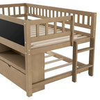 Twin Size Low Loft Bed with Trundle, Solid Wood Bed Frame with Storage Shelves & Blackboard, Space-Saving Design for Small Rooms