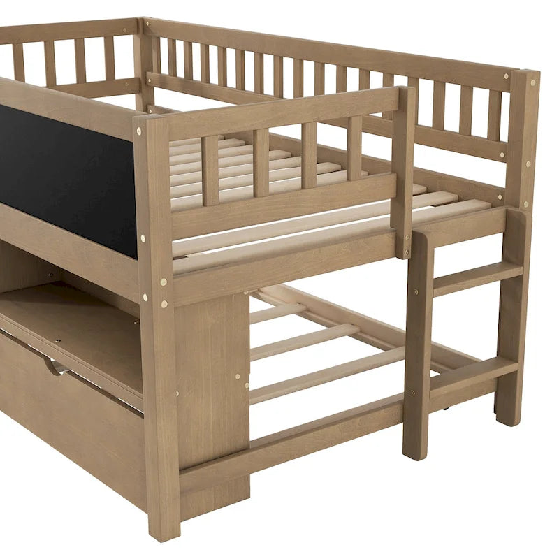 Twin Size Low Loft Bed with Trundle, Solid Wood Bed Frame with Storage Shelves & Blackboard, Space-Saving Design for Small Rooms