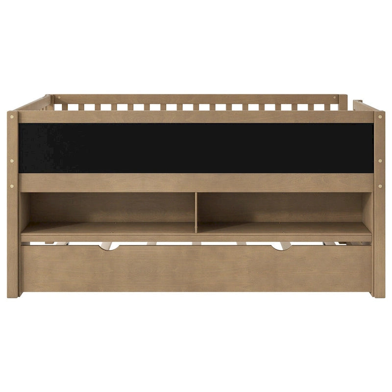 Twin Size Low Loft Bed with Trundle, Solid Wood Bed Frame with Storage Shelves & Blackboard, Space-Saving Design for Small Rooms