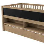 Twin Size Low Loft Bed with Trundle, Solid Wood Bed Frame with Storage Shelves & Blackboard, Space-Saving Design for Small Rooms