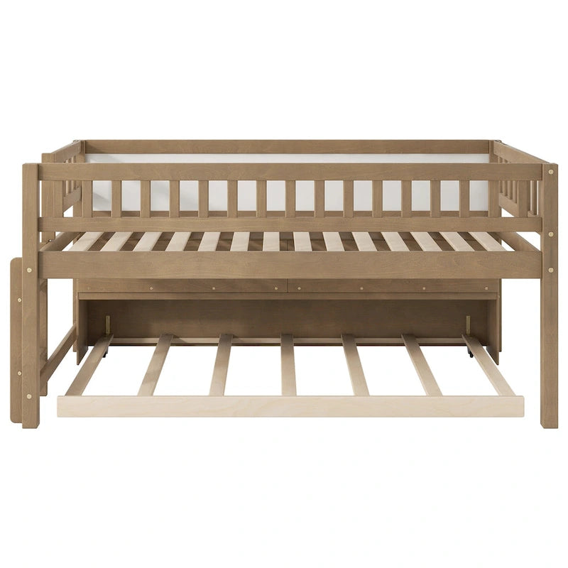 Twin Size Low Loft Bed with Trundle, Solid Wood Bed Frame with Storage Shelves & Blackboard, Space-Saving Design for Small Rooms